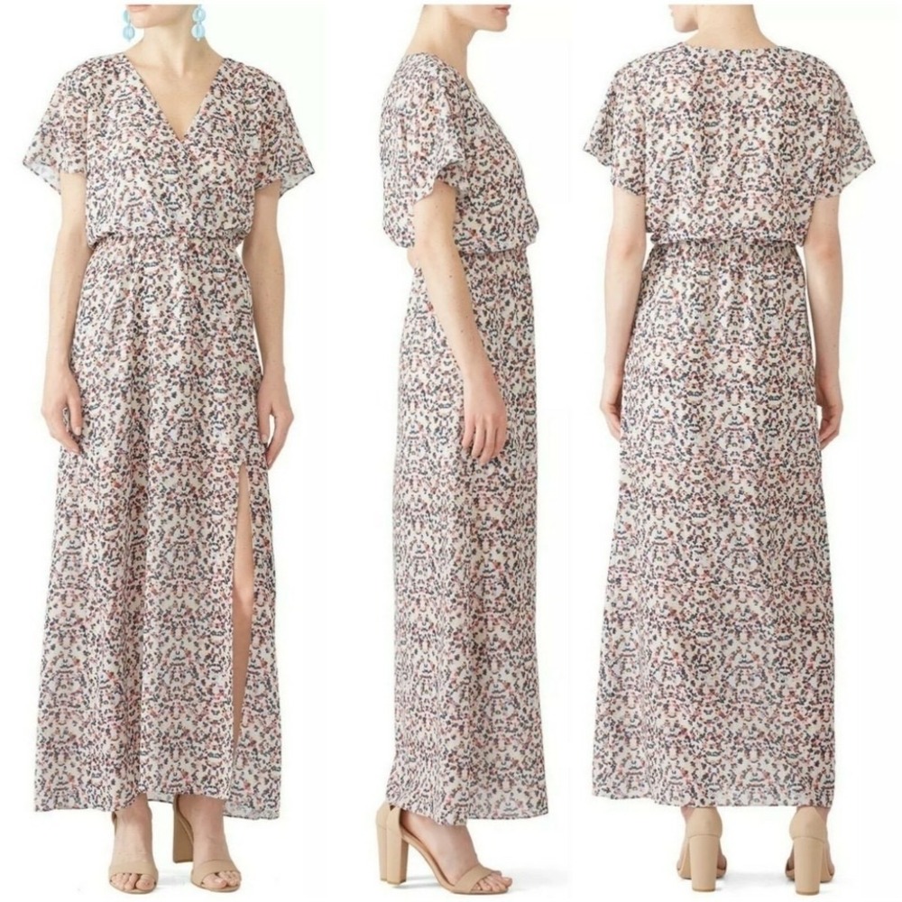 Waverly Grey XS Short Sleeve Confetti Celia Faux Wrap Maxi Dress V-Neck Lined